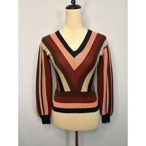 VTG Offspring Trisha Sayad 70's Sweater Lightweight Chevron Stripe Vneck Boho XS